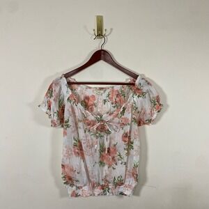 Y2K Floral Rose Print Top Womens Puff Sleeve Tie Smocked Sheer Blouse Coquette
